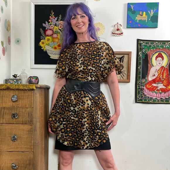 Vintage Leopard Print Dress, 1970s Punk Party Dress w Sheer Overlay, Sz S - Picture 1 of 10
